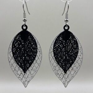 Filigree Leaf Drop Earrings | Two-Tone Black & White Double Layer Dangle